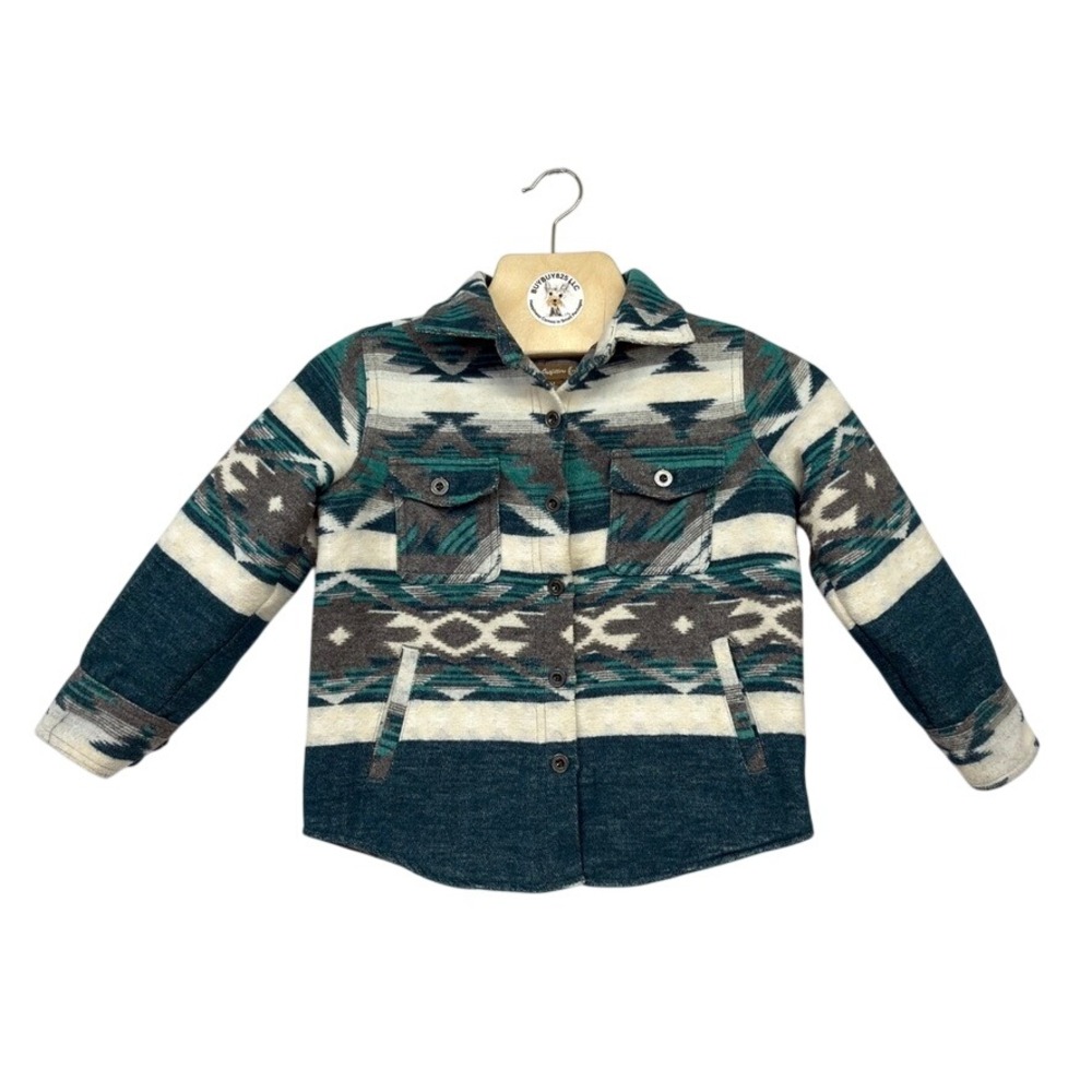 Kids Southwest Aztec Fleece Lined Shacket Jacket Teal Gray M 7/8 Western Pattern